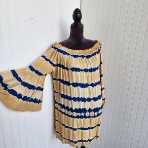 Seven Islands Women's Navy Blue Tan Beige Tie Dye Bell Sleeves Dress Sz M
